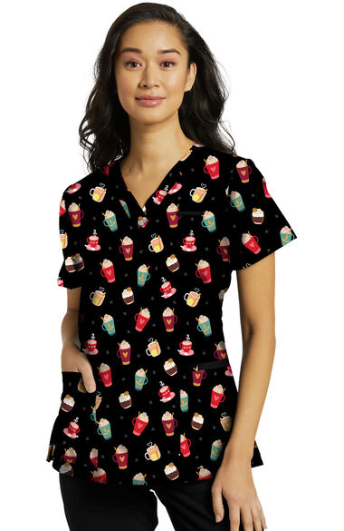 Clearance Women's Cosy Drinks Print Scrub Top, , large