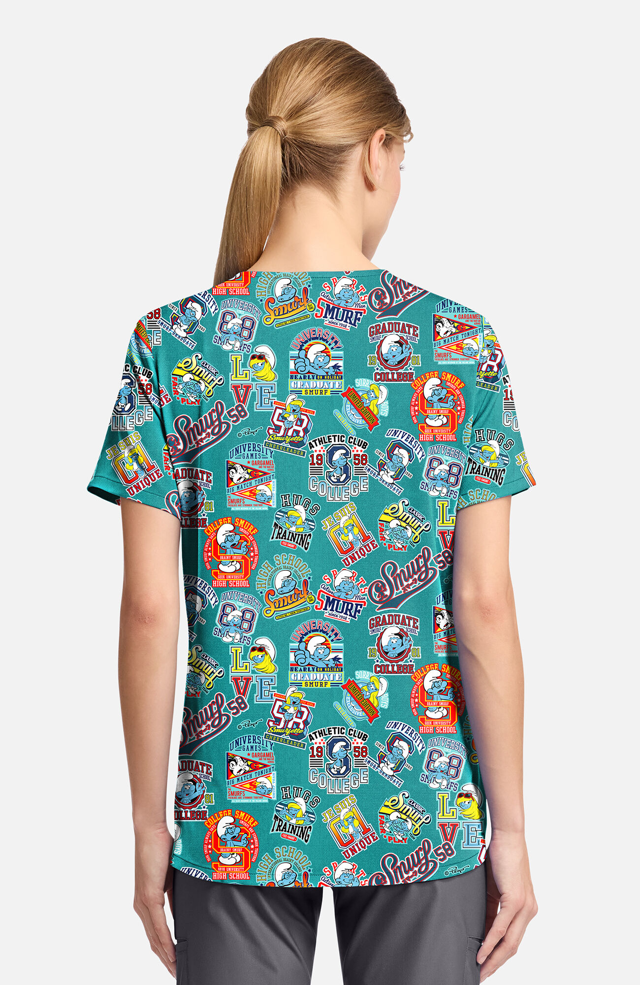 Women's Collegiate Smurfs Print Scrub Top, , large
