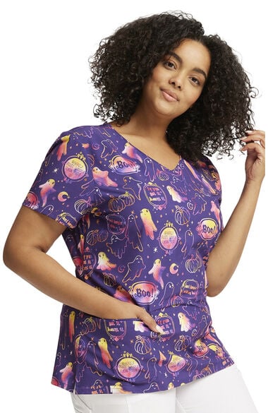 Clearance Women's V-Neck Hanging With My Boo Print Scrub Top, , large