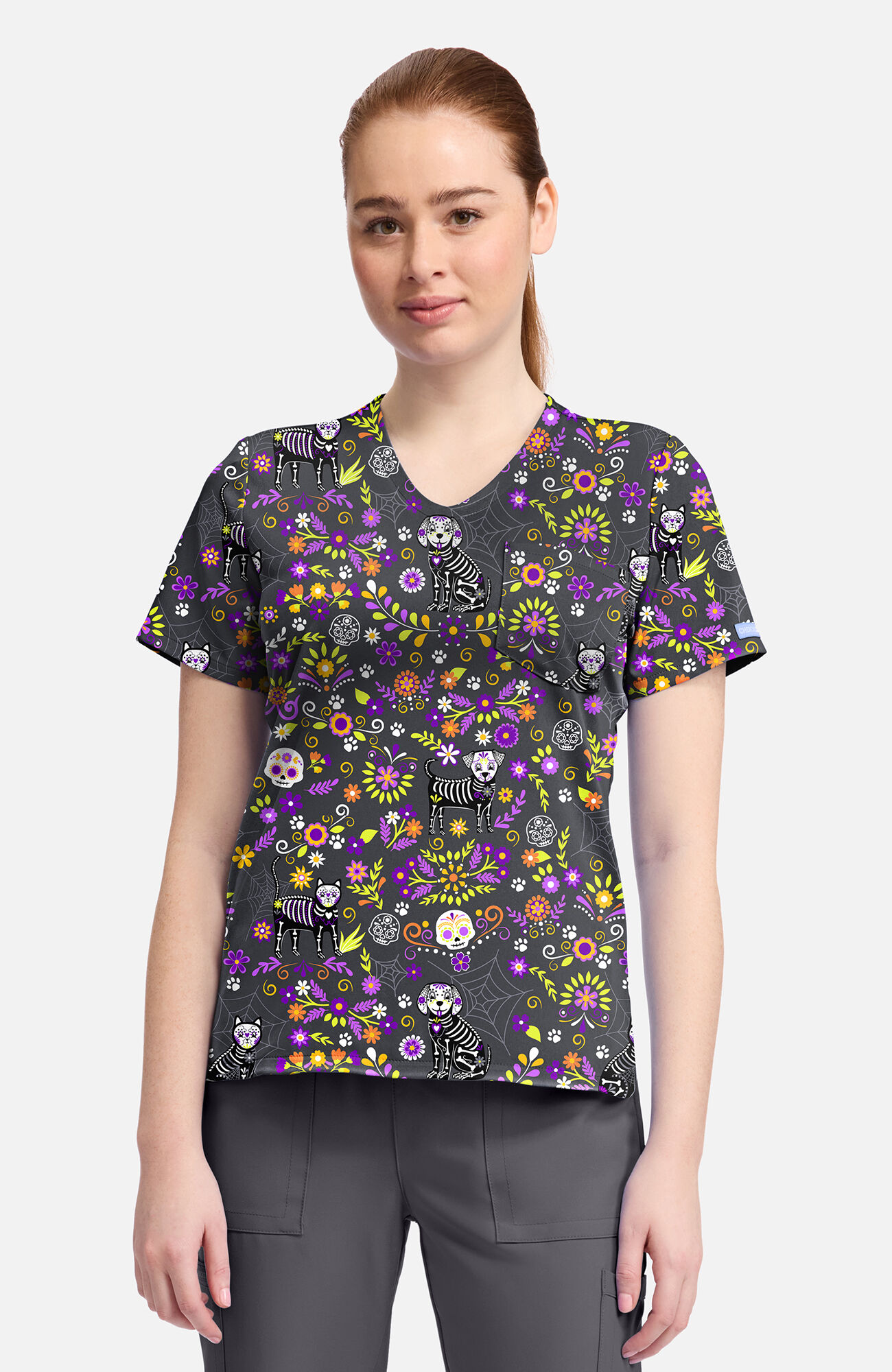 Women's Day Of The Pets Print Scrub Top