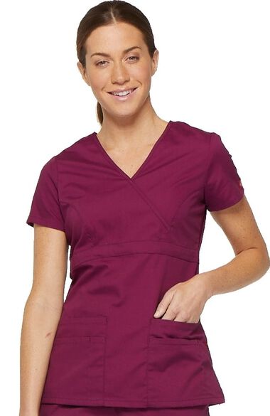 Clearance Women's Empire Waist Mock Wrap Solid Scrub Top, , large