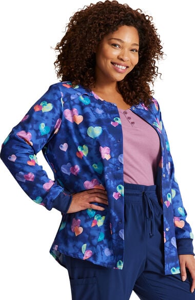 Clearance Women's Snap Front Hippie Hearts Print Scrub Jacket, , large