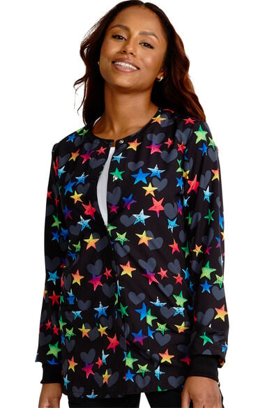 Women's Snap Front Loving Stars Print Warm-Up Jacket, , large