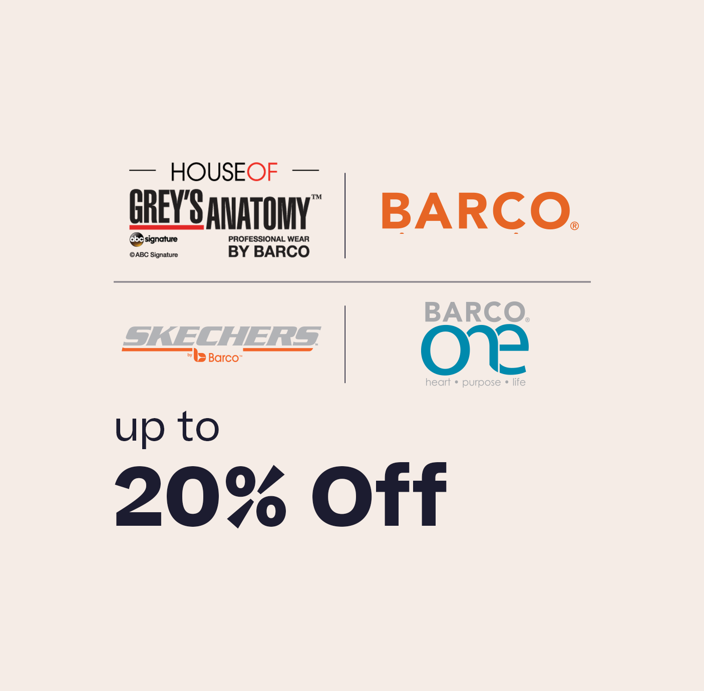 Up to 20% Off BARCO, BARCO ONE, GREY'S ANATOMY & SKECHERS plus Free U.S. Shipping Code 8FREESHIP