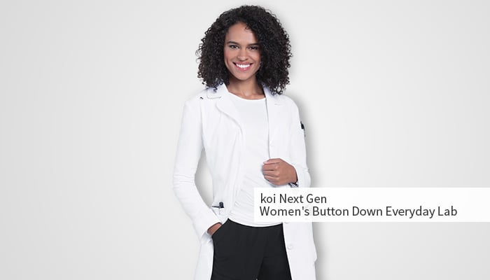 smiling woman wearing fashionable lab coat