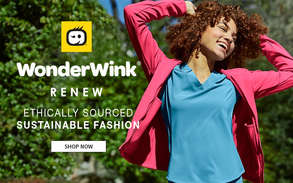 click to shop renew by wonderwink. ethically sourced sustainable fashion.