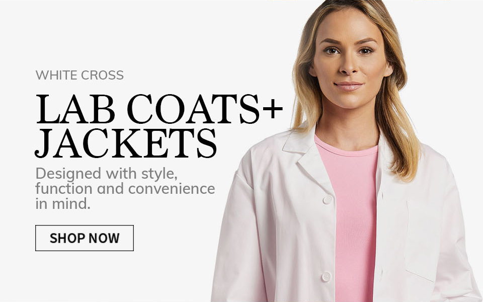click to shop white cross lab coats and jackets.