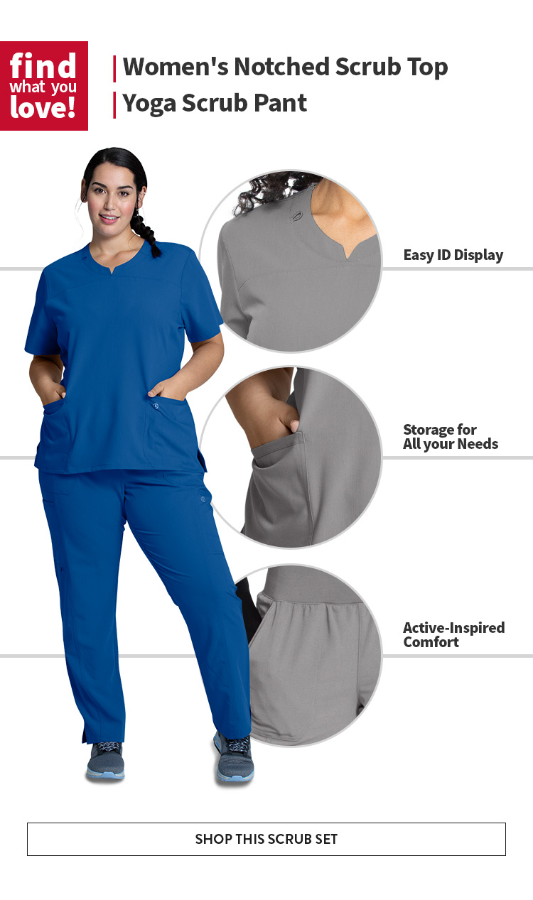 click to explore the luxe supreme by allheart women's notched scrub top and yoga scrub pant set