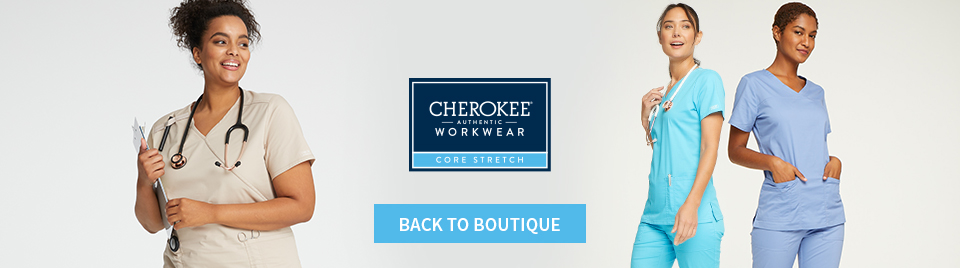 viewing core stretch by cherokee workwear. click to go back to boutique.