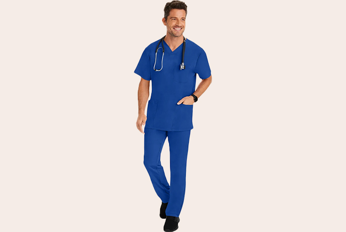 HH Works Matthew V-Neck Solid Scrub Top & Ryan Zip-Fly Slim Scrub Pant Set 