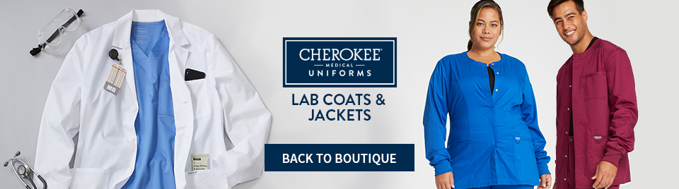 viewing cherokee workwear lab coats and jackets. click to go back to boutique.