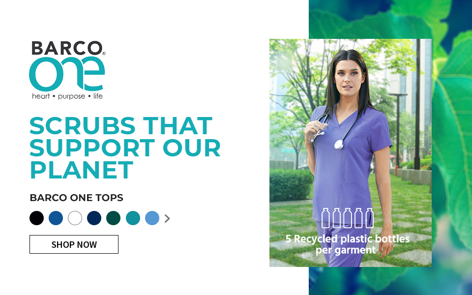 click to shop barco one tops. scrubs that support our planet.