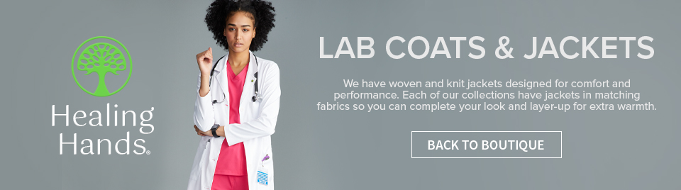 viewing healing hands lab coats and jackets. click to go back to boutique.