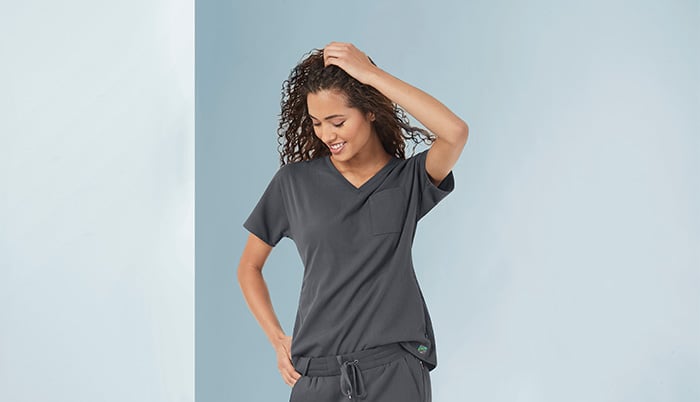 woman wearing gray lightweight scrubs