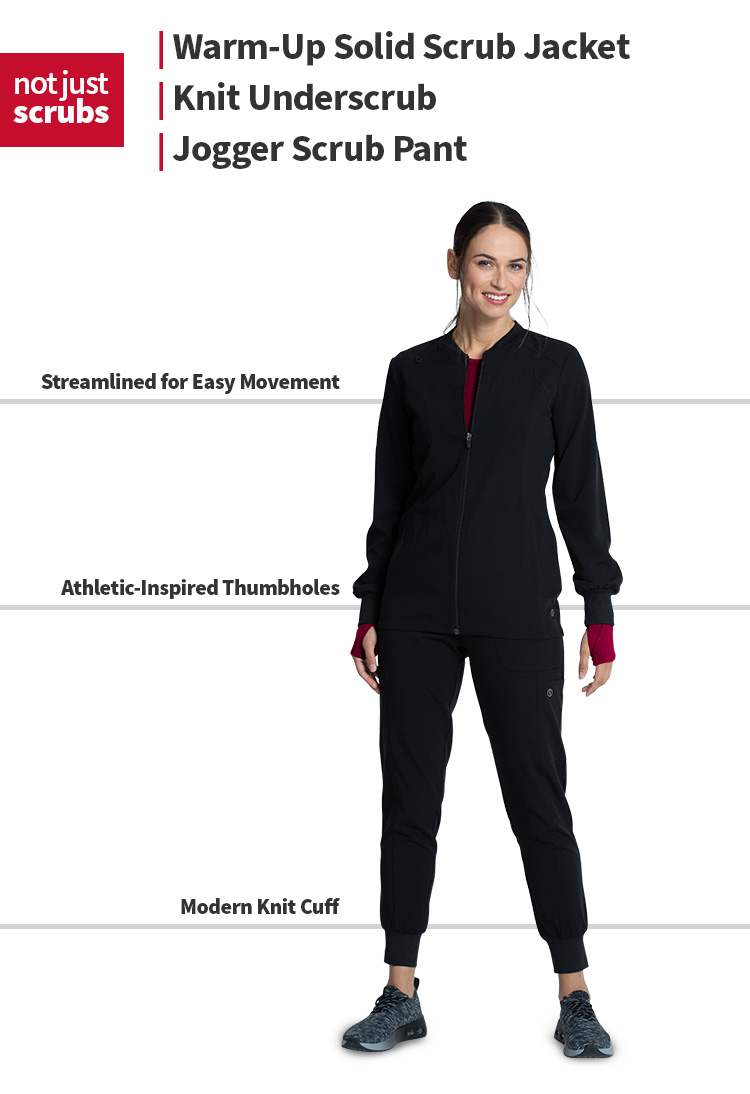 shop and explore the women's warm up scrub jacket, knit underscrub, and jogger scrub pant below