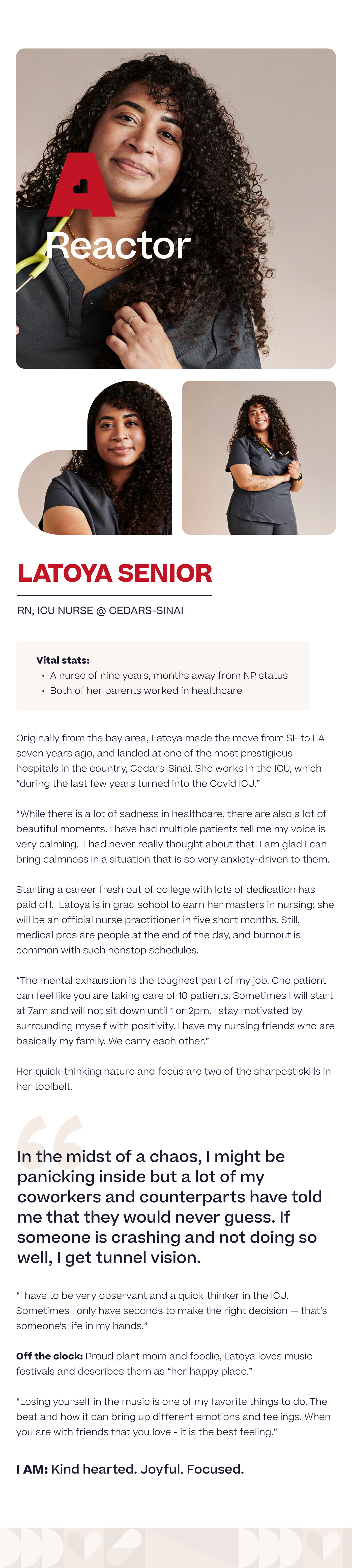 About Latoya Senior, RN, ICU nurse at Cedars-Sinai.