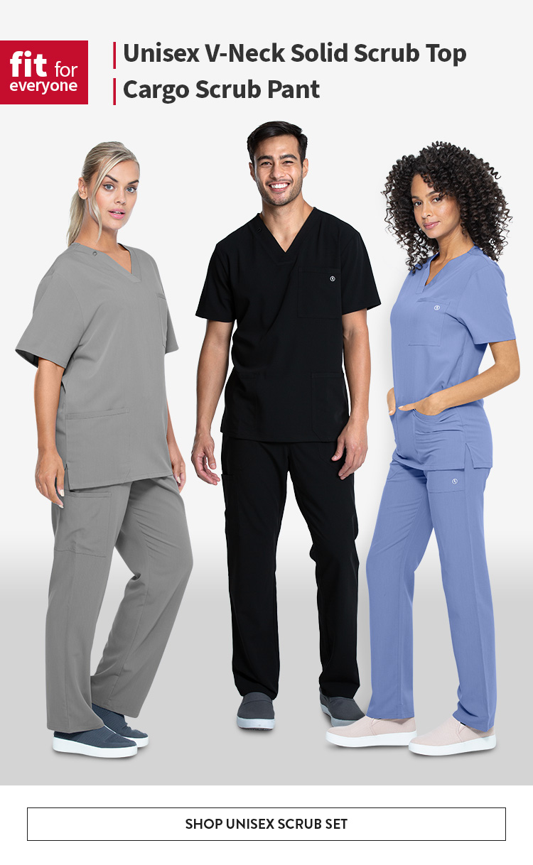 click to explore the luxe supreme by allheart unisex v-neck solid scrub top and cargo scrub pant set