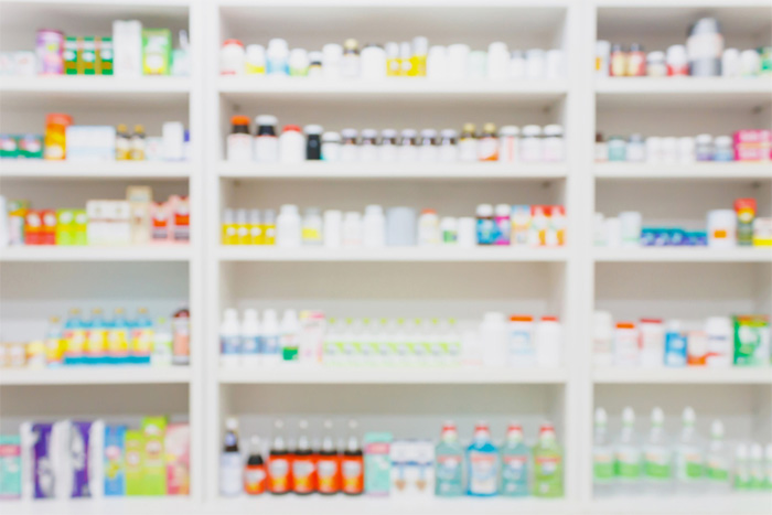 pharmacy shelves with medication