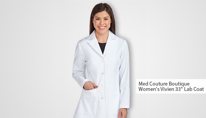 woman wearing buttoned up white lab coat