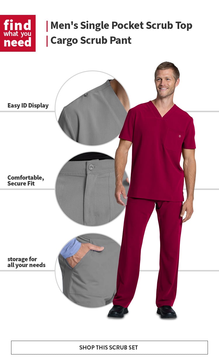 click to shop the men's scrub top and cargo pant set