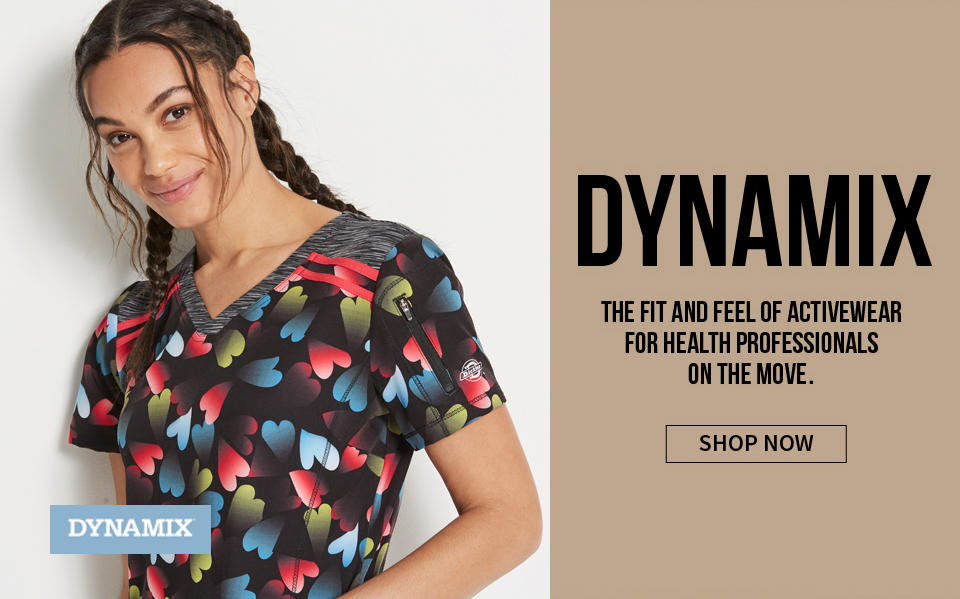 click to shop dynamix by dickies. the fit and feel of activewear for health professionals on the move.