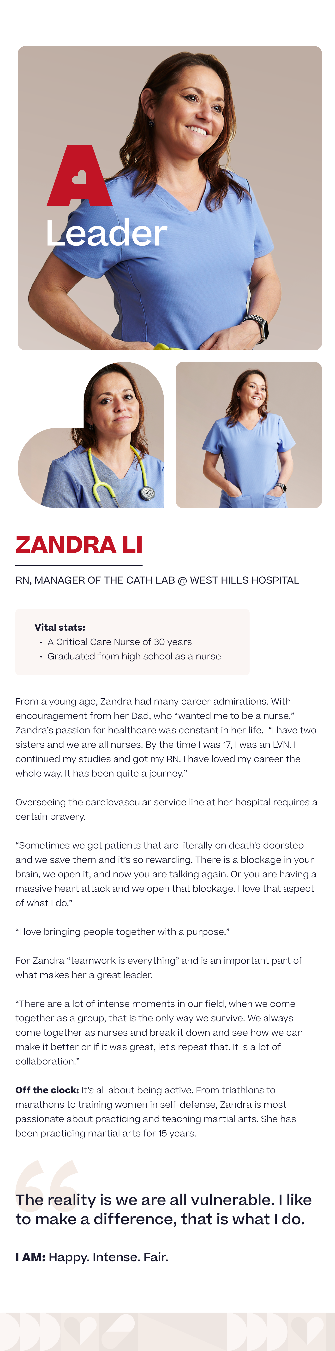 About Zandra Li, RN, manager of the cath lab at West Hills Hospital.