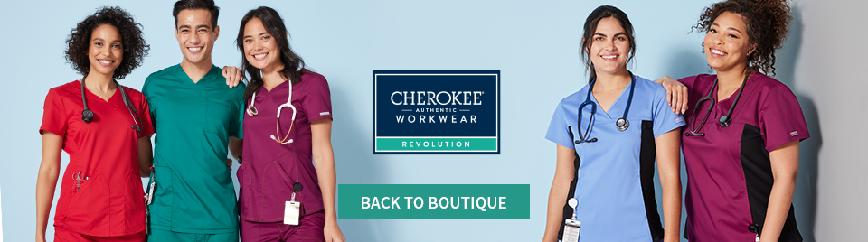 viewing revolution by cherokee workwear. click to go back to boutique.