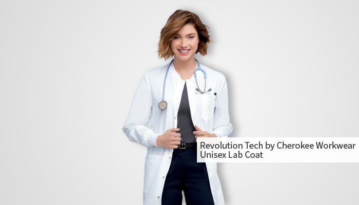 smiling woman wearing lab coat and stethoscope