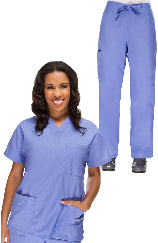 2 Pocket V-Neck Scrub Top with 5 Pocket Drawstring Pant Set STAT MEDICAL WEAR Women’s Scrubs Set
